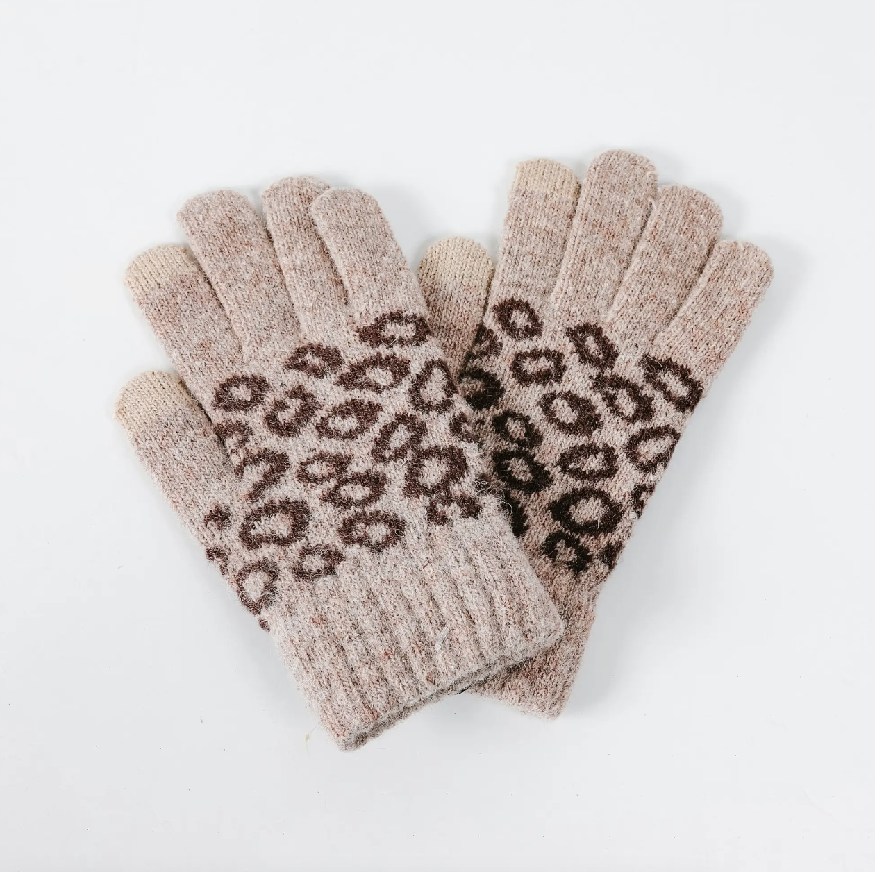 leopard knit smart tech gloves (tan)